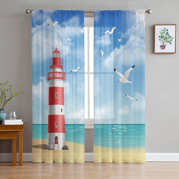 Lighthouse Beach Seagull Przezroczyste ZasłOny Do Dekoracji Salonu ZasłOny Okienne Do Kuchni Tiulowe Woalowe Organzowe ZasłOny W135 X H137Cm X1-image