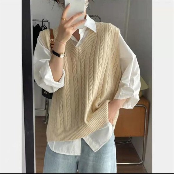 Dzianinowy Sweter V-Neck, Sweter Kamizelka, Damski, Warstwowy, LuźNa Kamizelka, Top Bez RęKawóW, Odzież Wierzchnia Morelowy-image
