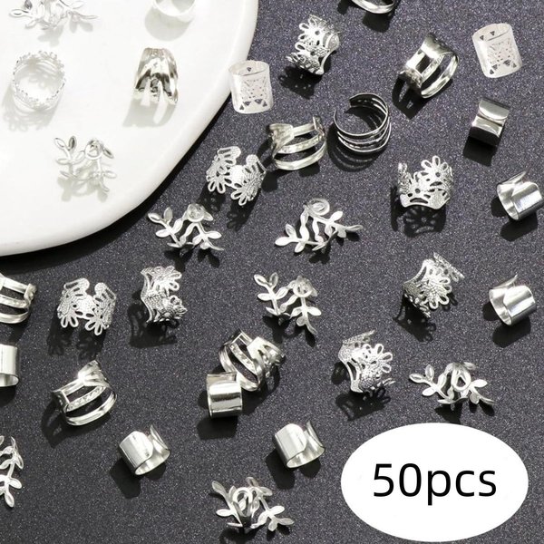 50 Piezas Anillos Huecos Trenzados Para El Cabello Sucio Estilo Vintage AleacióN Juego De Anillos Para El Cabello - Accesorios Redondos Huecos Para El Cabello Para Mujeres Y NiñAs,-image