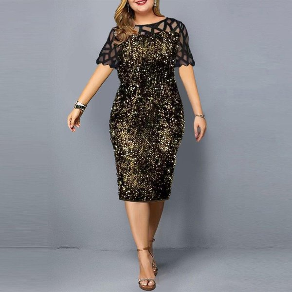 Letnia Sukienka Damska Plus Size Osobowość Cekinowa Damska Sukienka Z KróTkim RęKawem 3XL-image