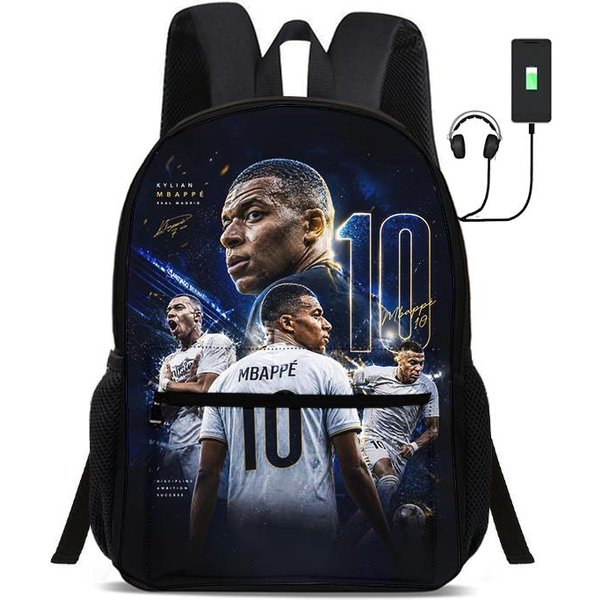 M-Mbappe Mochilas Escolares Infantiles Mochila Estrella De FúTbol Con Interfaz USB Bolsa Para Estudiante Rucksack Deporte FúTbol Mochila Para Libros Regalo Para NiñOs Black-image