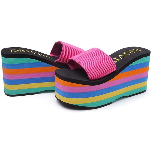 Damskie Klapki PlażOwe SandałY Na Koturnie Wysokie 9Cm Obcasy Casualowe Peep Toe Platformy Kapcie TęCzowe Letnie Damskie Kapcie 37-image