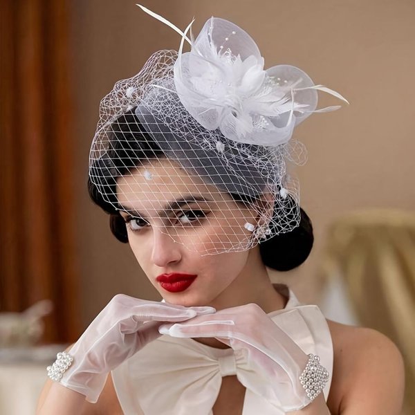 Kapelusz Fascinator W Stylu Vintage Z Woalką Z Tiulu - Elastyczna Opaska ŚLubna I Na PrzyjęCie Herbaciane Nakrycie GłOwy Dla Kobiet RęCznie Robione Detale Z WstążKi BiałY-image