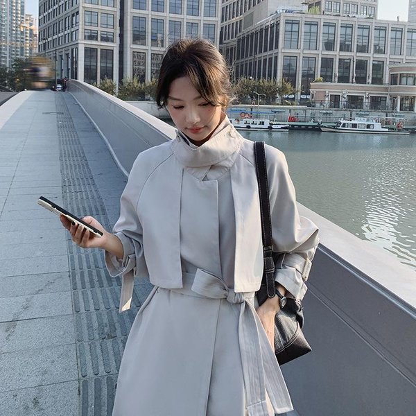 Nueva Cazadora Cortavientos De Estilo BritáNico Para Mujer Primavera Y OtoñO Con Cuello Alto Y Cordones Chaqueta De Longitud Media Con Temperamento Para Mujer XL Gray-image