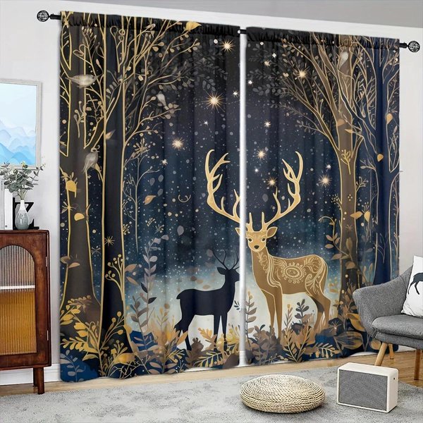 2 Piezas Cortina Estampada Estilo Ciervo De EnsueñO Para DecoracióN Del Hogar - Tratamiento De Ventana Con Bolsillo Para Barra Para Dormitorio, Oficina, Cocina Y Sala De Estar 52.5Cmx116Cmx2Pcs-image