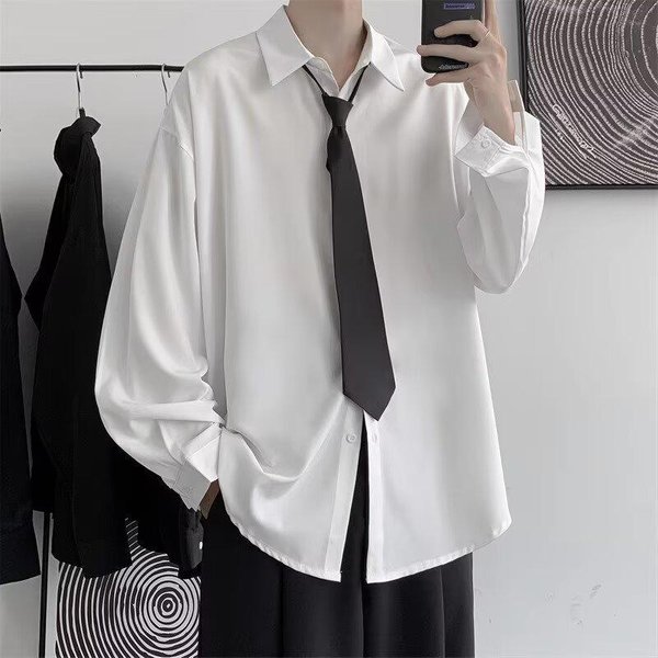 Jednolity Kolor Koszula Z DłUgim RęKawem I Krawatem Unisex - Modny KoreańSki Styl Na Wiosnę/Jesień XL Gray-image