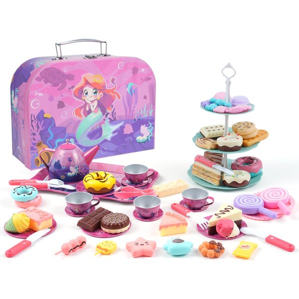 Juegos De Té Para NiñOs, 46 Piezas, Juego De Té Para NiñAs PequeñAs, Té De La Tarde, Postre, Juguetes, Incluye Pastel, 2 Pink-image