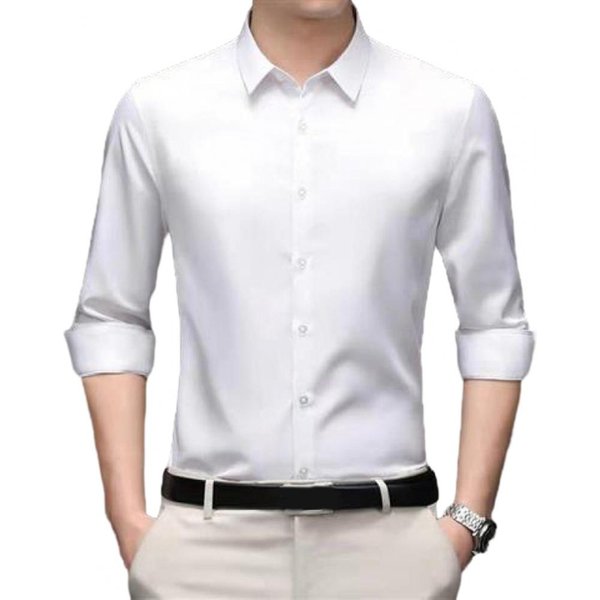 MęSka Koszula Jesienna Formalna Koszula Biznesowa Jednolity Kolor Odporna Na Zagniecenia Klapa JednorzęDowa DłUgi RęKaw Slim Fit Jedwabista OddychająCa MęSka T XL BiałY-image