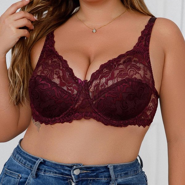 Biustonosz Typu Bralette Z Koronką W DużYm Rozmiarze Dla Kobiet, Cienkie Miseczki Z Fiszbinami, OddychająCa Bielizna 95D Fioletowy-image