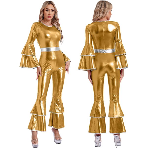 Mono Vintage De Los AñOs 70 Con Efecto Disco MetáLico Brillante Para Mujer, Mono Hippie Con Mangas Acampanadas Y Pantalones Acampanados, Ropa De Baile De Una Pieza XL Brown-image