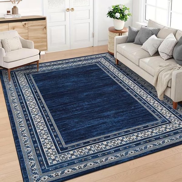 Granatowy Dywanik Nowoczesny Geometryczny WzóR Z Obramowaniem Dywan Do Salonu Sypialni AntypośLizgowy Odporny Na Plamy SkłAdany Dywanik Akcentowy 60X90Cm-image