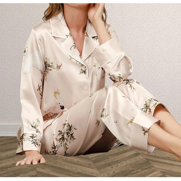 Pijama De Seda De Morera Estampado Para Mujer Tops Pantalones Manga Larga Suave Ropa De Dormir Femenina Conjunto De Ropa De Casa Y Dormir De Seda Pura L-image
