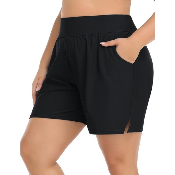 Charmleaks Plus Size Szorty KąPielowe Damskie Z Wysokim Stanem Szorty Boardowe Dół Kostiumu KąPielowego Tankini Z Kieszeniami 3X Czarny-image