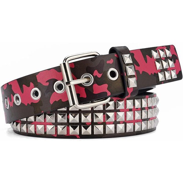 KamuflażOwy Pas Z Nitami Unisex Moda Codzienny Uniwersalny Akcesoria Do DżInsóW Pasek Goth Retro Punk Hip Hop Dziewczyna Pasek Na Talię 110Cm Czerwony-image