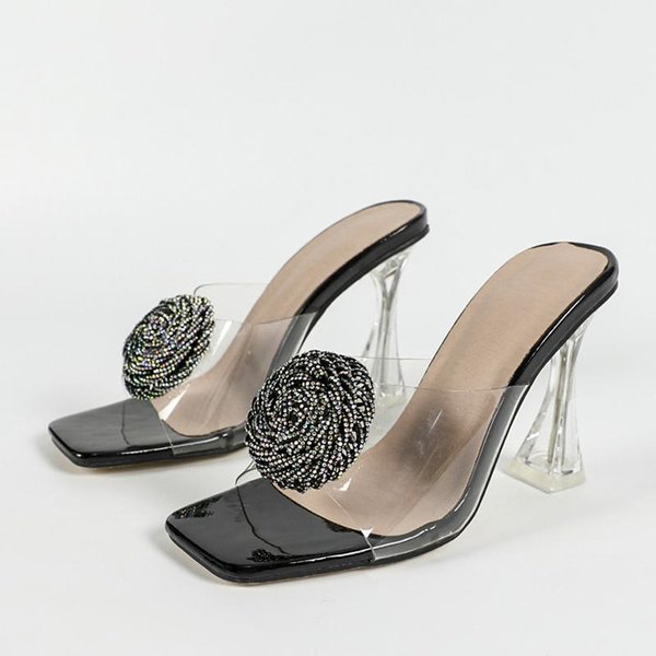 Liyke Novedades Oro Plata Tacones Altos Zapatillas Mujeres Calle Sexy Punta Cuadrada Sandalias Transparentes Zapatos De Fiesta Para Mujer 35 Negro-image