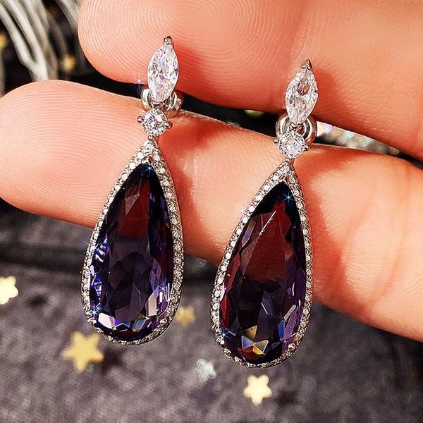 Pendientes Colgantes De Plata Esterlina Con Circonita CúBica PúRpura Para Mujer, Elegantes, Lujosos, JoyeríA Nupcial Para Boda, Pendientes Colgantes Para Fiesta De Dama-image