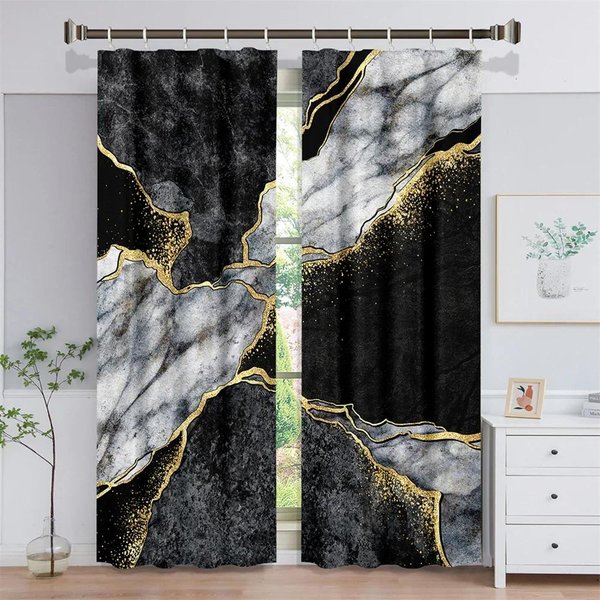 3D Nowoczesna Czarno-ZłOta Abstrakcyjna Sztuka Marmur Elegancki Design 2 Sztuki Cienkie ZacieniająCe ZasłOny Okienne Do Dekoracji Salonu Sypialni 100W130H(Cm)40X51In&Grommet Top Gray-image