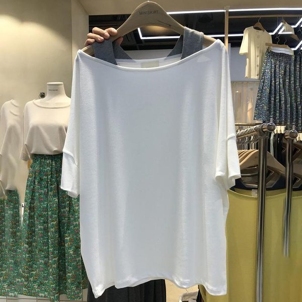 DiseñO De Manga Corta Nicho Verano Nuevo Camiseta Holgada Coreana Top De AlgodóN Con Hombros Descubiertos Para Mujer XXL Blanco-image