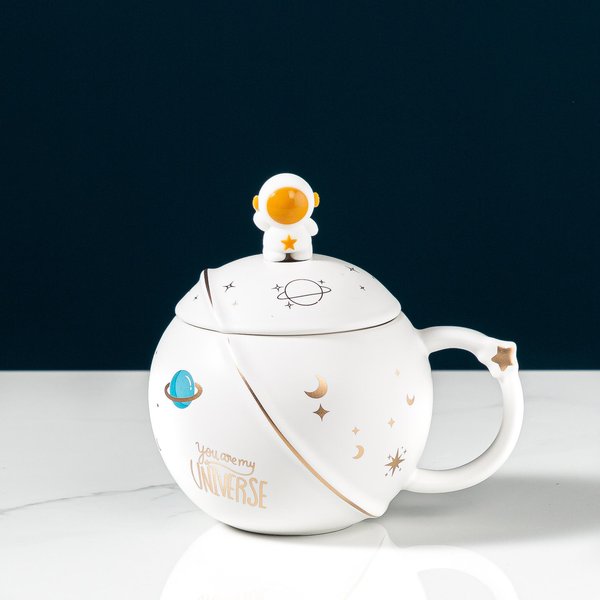 Kubek Ceramiczny Astronauta Kubek Planeta Kreatywny Personalizowany Kubek Na Wodę PamiąTkowy Kubek Na Prezent Kubek Do Kawy 400Ml Cup + Lid + Spoon White-image