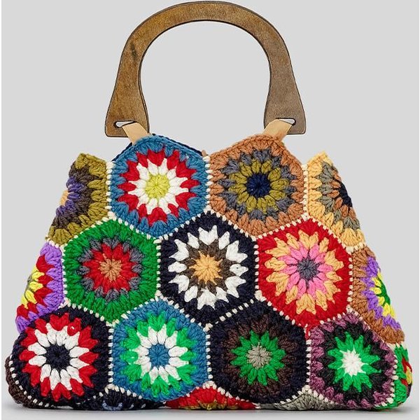 Bolso Cuadrado De Ganchillo Para Mujer Tejido A Mano Estilo Bohemio CláSico Hecho A Mano Colorido Bolso De Ganchillo Premium Duradero-image