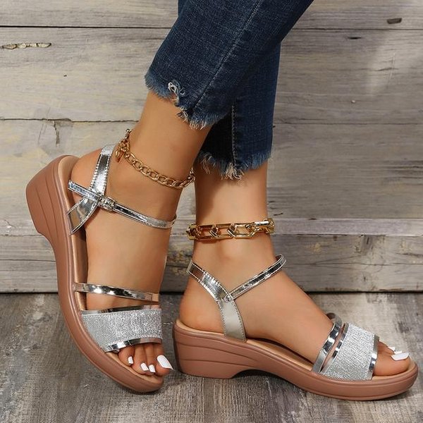 Sandalias De CuñA Para Mujer Sandalias Tacones De 4 .5Cm Plataforma Dorada Sandalias De Mujer Zapatos De Verano Chaussures Femme Sandalias Talla 41 43 Plata-image