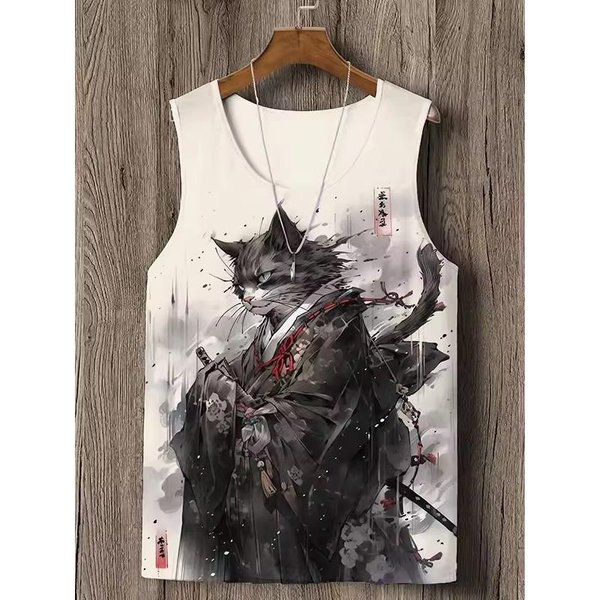 Camiseta Sin Mangas Estilo JaponéS Vintage Gato SamuráI De Anime ImpresióN 3D Camisetas Sin Mangas Casual Holgada Transpirable Divertida Camiseta Chaleco Para Hombre M Black-image