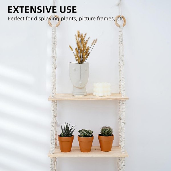 Estante De Pared De 3 Niveles DecoracióN De Pared Estante Colgante Decorativo Blanco Crema Cuerda Tejida Para Dormitorio Sala De Estar EstanteríA Blanco-image