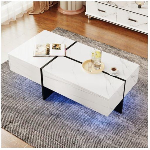 Mesa De Centro - Muvoe - ImitacióN MáRmol Blanco - IluminacióN LED - 3 Cajones - 100X50X34.5 Cm-image