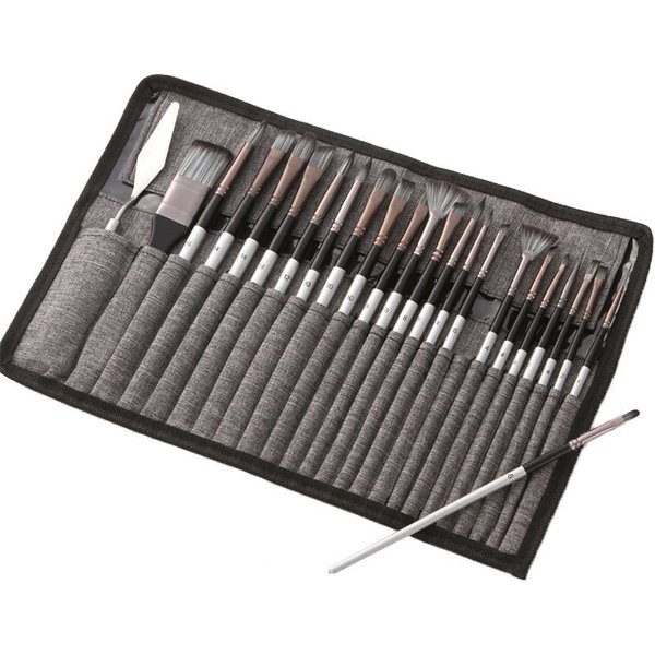 Zestaw 24 Sztuk Zestaw PęDzli Do Akwareli, Akrylu, Gwaszu, Malarstwa Olejnego, Nylonowe WłOsy, Aluminiowa Rura Kolor Szary-image