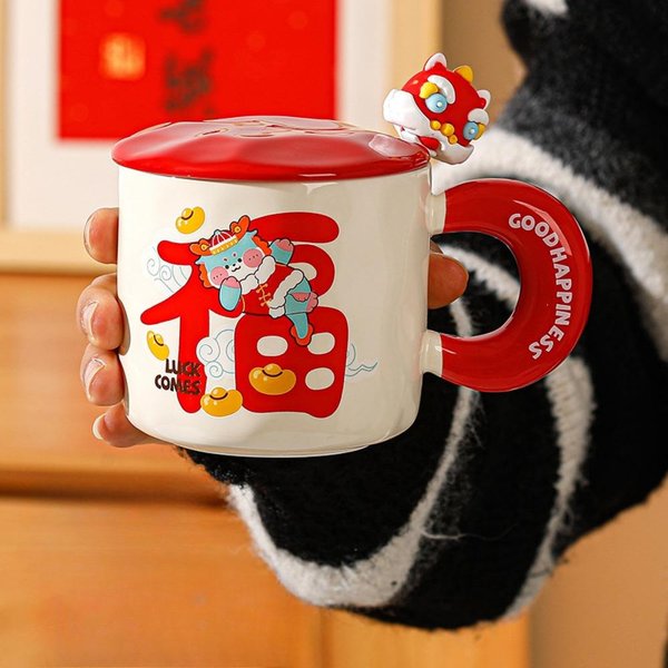 Taza Con Tapa Cuchara Hogar CeráMica Vaso De Agua Taza De Café Caja De Regalo De AñO Nuevo Regalo Regalo De Vacaciones 301-400Ml Red-image