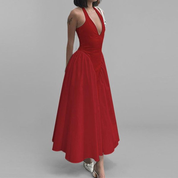 Vestido De Falda De Gran Vuelo Con Temperamento De Cuello Hueco En V Profundo Sexy De Color SóLido Para Primavera Para Mujer 3XL-image