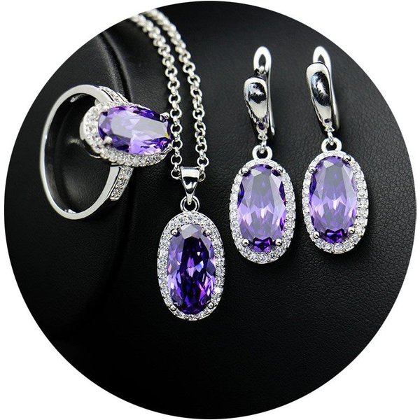El Nuevo Juego De Tres Piezas De Collar Ovalado De ZircóN, Pendientes Y Anillo Es Moderno Y De Lujo Ligero Size 8 ring Set Gray-image
