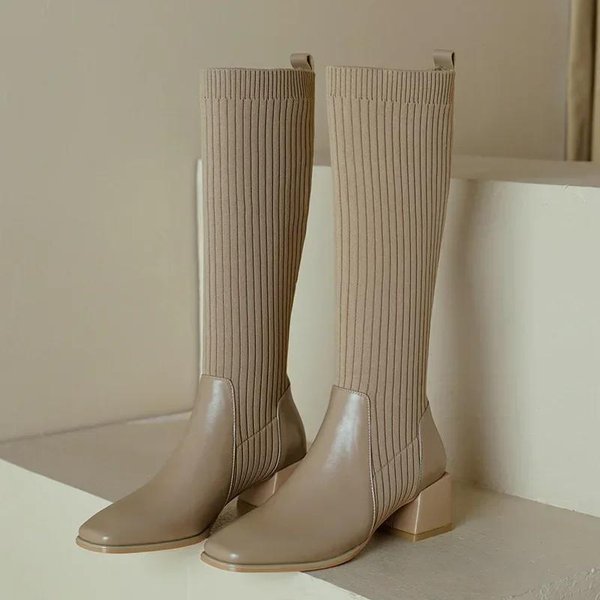 Jesień Zima Dzianinowe DłUgie Buty Damskie Nowe Wysokie Skarpety Buty Damskie Moda Slip On Wysokie Obcasy Retro Elastyczne Botas Mujer 202 38 Morelowy-image
