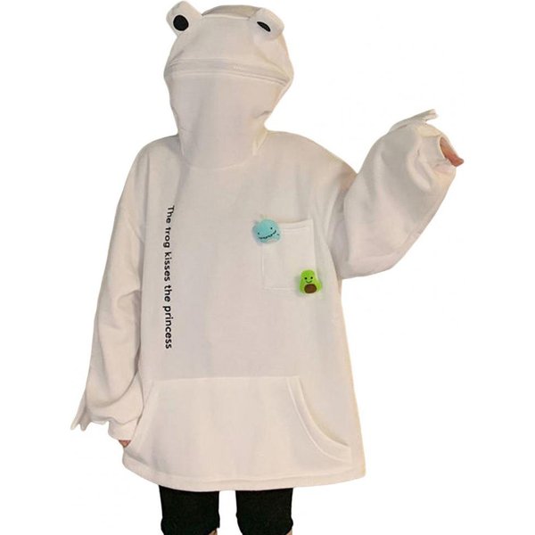 Sudadera Unisex OtoñO Invierno Forma De Rana Cremallera Con Capucha Felpa Engrosada CáLida Bordado De Letras Bolsillo Grande Mangas Largas Pareja Viaje Uso PráCtico M Blanco-image