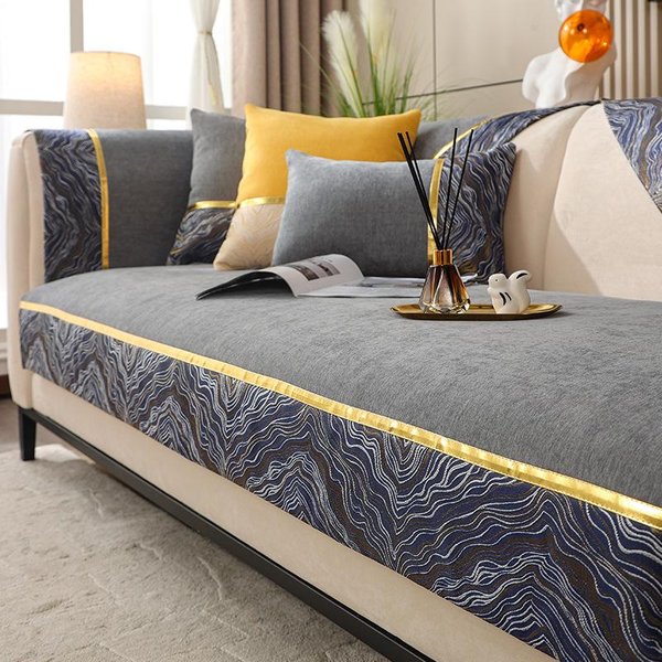 CojíN De Sofá De Chenilla Empalme Bicolor CojíN De Sofá Antideslizante Universal Para Cuatro Estaciones Jacquard Borde De Hilo Dorado CojíN De Sofá 70X70Cm 1Pcs-image