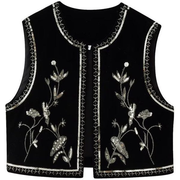 Chaleco De Terciopelo Bordado Con Lentejuelas Para Mujer Europeo Americano Extra Small Negro-image