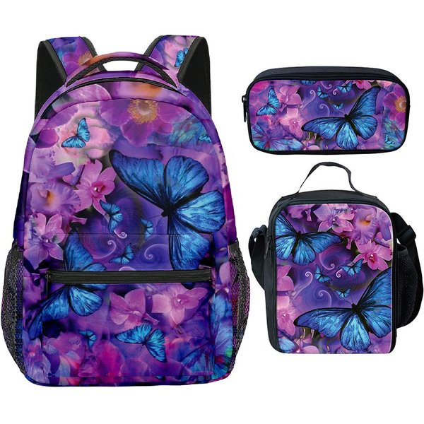 Klasyczny Nowy Fajny PięKny Motyl Druk 3D 3 Szt./Zestaw Uczeń Plecaki Szkolne Plecak Na Laptop Torba Na Ramię Torba Na Lunch PióRnik Blue-image