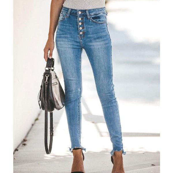 Pantalones Vaqueros EláSticos De Cintura Alta Para Mujer, Pantalones Pitillo Informales Ajustados Con Botones, Pantalones Para Mujer M Gray-image