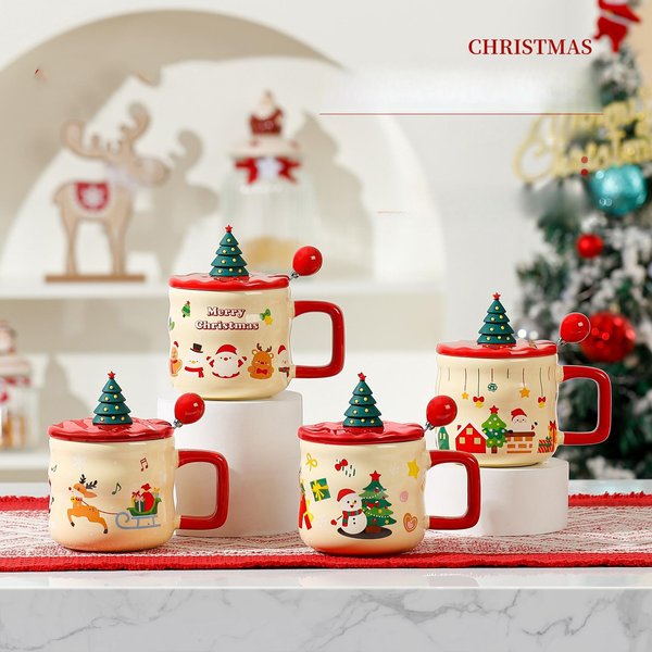 Bonita Taza De CeráMica NavideñA, Taza De Agua De Gran Valor Para La Oficina Con Tapa, Taza De Desayuno Para El Hogar, Taza De Regalo De Recuerdo 301-400Ml-image