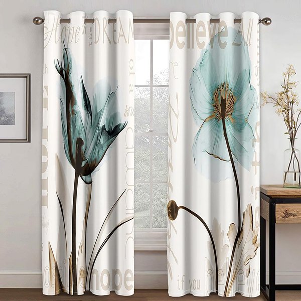 2 Piezas Cortina Con Estampado De Loto, Tratamiento De Ventana Con Bolsillo Para Barra Para Dormitorio Oficina Cocina Sala De Estar Estudio DecoracióN Del Hogar, DecoracióN De HabitacióN Small2X25W60H(Cm)&Hook-image