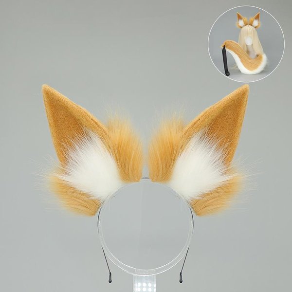 Orejas De Zorro Peludas Cola Anime Peluche Orejas De Gato Perro Diadema Cola De Animal Rosa Peluda Orejas Cola Cosplay Juego Rol Beige-image