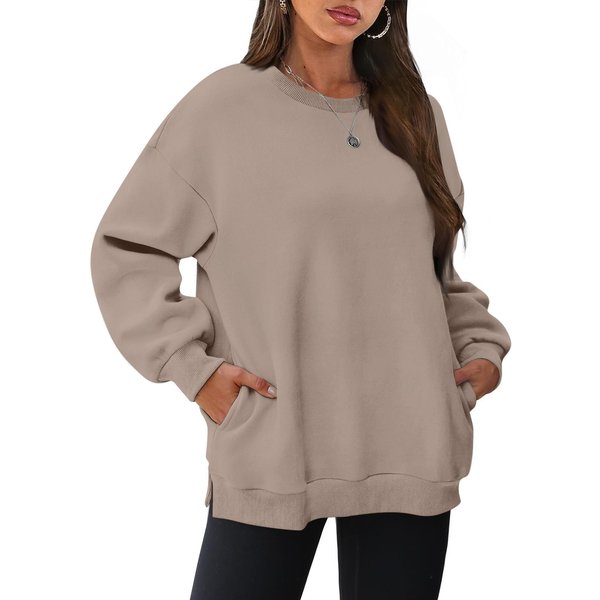 Damskie Bluzy Oversize Z OkrąGłYm Dekoltem I DłUgim RęKawem, Polarowe Pulowery, Jesienna Moda, Ubrania Z Kieszenią XL WielbłąDzi-image