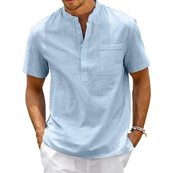 Nueva Camiseta De Manga Corta De Lino Y AlgodóN De Verano Para Hombre, Camiseta Informal Para Hombre, Camisa Con Bolsillo Para Hombre, S-3XL Transpirable XL Azul Claro-image