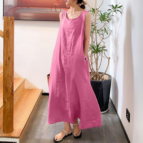 Vestido Largo De Lino Y AlgodóN Con Tirantes Y Tirantes De Verano, Vestidos Sin Mangas Con Cuello Redondo Y Bolsillos Sueltos Para Mujer 4XL Color Rosa-image