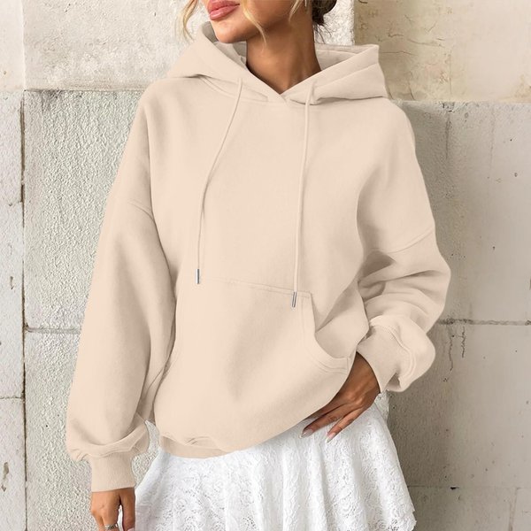 Damska Bluza Z Kapturem Casualowa Moda Z DłUgim RęKawem Jednolity Kolor Bluza Z Kapturem S Khaki-image