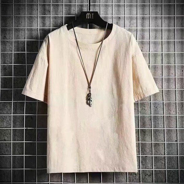 Lniany T-Shirt Z KróTkim RęKawem MęSki Letni LuźNy BawełNiany I Lniany Z PółRęKawem Jednokolorowy T-Shirt S Khaki-image