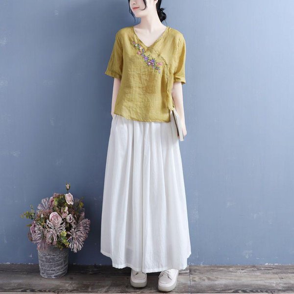 Nuevo Top De Verano Retro Literario Delgado De Talla Grande Bordado De Manga Corta De AlgodóN Y Lino Para Mujer Camiseta Con Cuello En V De Estilo ÉTnico Para Mujer 3XL Beige-image