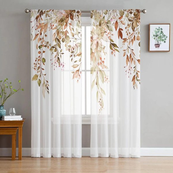 Cortinas De Gasa Con DiseñO De Hojas De OtoñO Y Primavera Para Dormitorio, Cortinas De Tul Para Sala De Estar, Cortinas Transparentes, Persianas Y Cortinas. W135 X H185Cm X1&Rod Pocket-image
