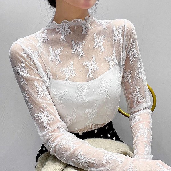 Damska Koszulka PrześWitująCa Przezroczysta Siateczka Z DłUgim RęKawem Sheer Slim Ladies Jedwabna Koszulka Z Golfem Crop Top S BiałY-image