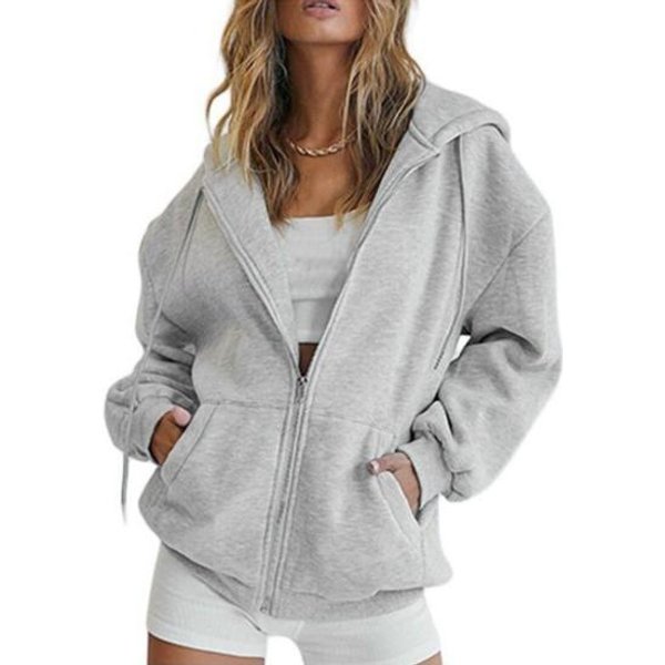 Damskie Bluzy Z Kapturem Zapinane Na Zamek, Z DłUgim RęKawem, Oversize, Jesienne, Polarowe XL Gray-image